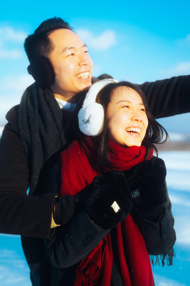 A couple in the snow in Hokkaido