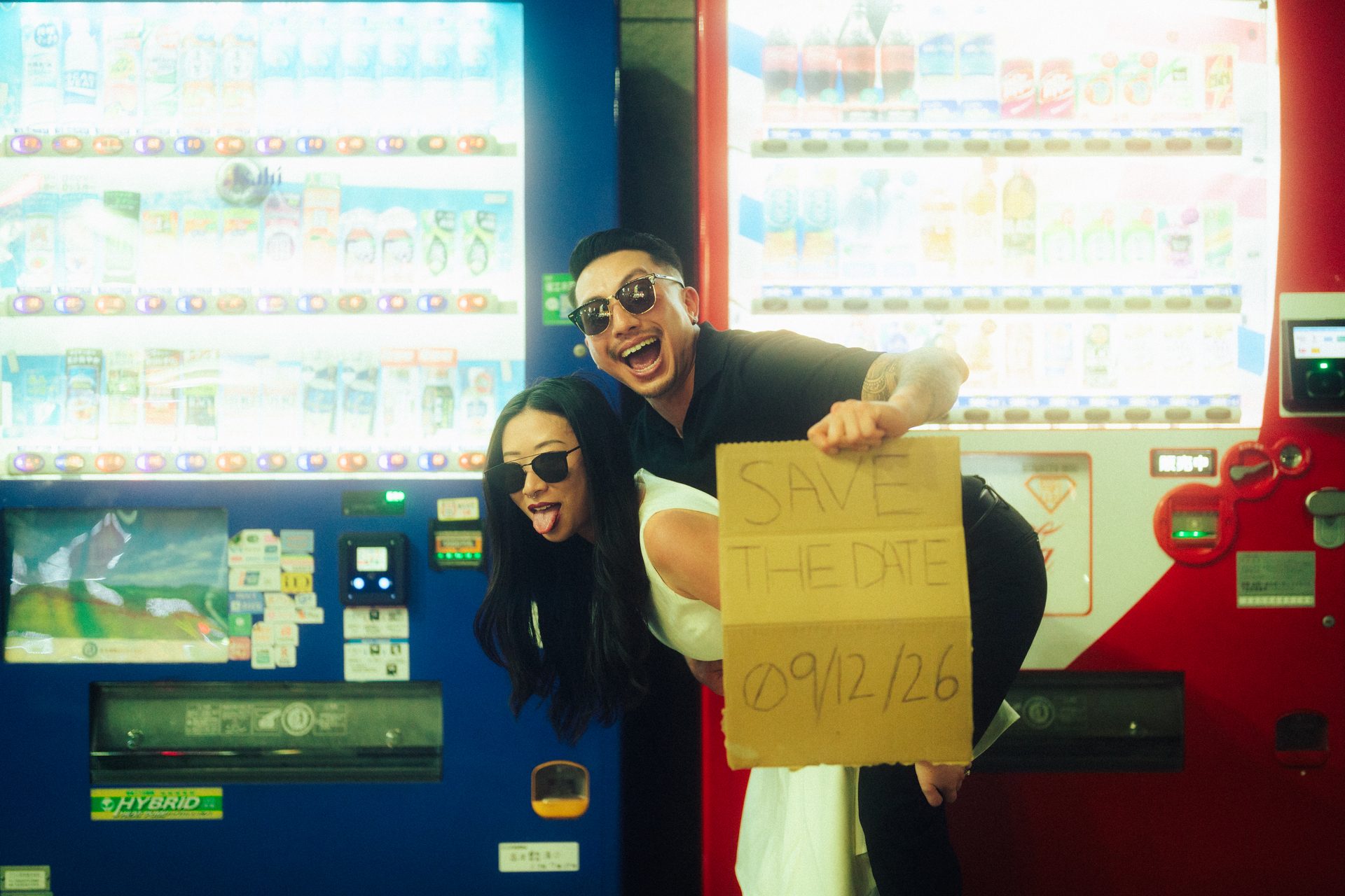 Vending machines and a handmade sign